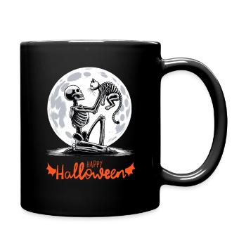 Happy Halloween Skelett Katze Vollmond Nacht - Tasse einfarbig - Schwarz - Rechts