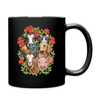 Bauernhoftiere in Blumenrahmen - Tasse einfarbig - Schwarz - Rechts