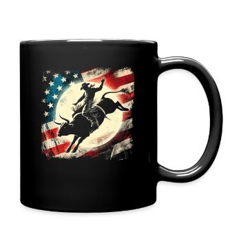 Rodeo, Cowboy, Western, Bull, Bull, USA Flag - Full Colour Mug - black - Right