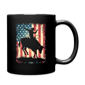 Rodeo, Cowboy, Western, Bull, Bull, USA Flag - Full Colour Mug - black - Right