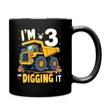 3rd Birthday, 3 Year Old Boy, Truck & Construction Site - Full Colour Mug - black - Right