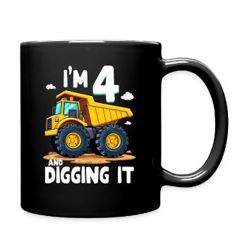 4th Birthday, 4 Year Old Boy, Truck & Construction Site - Full Colour Mug - black - Right