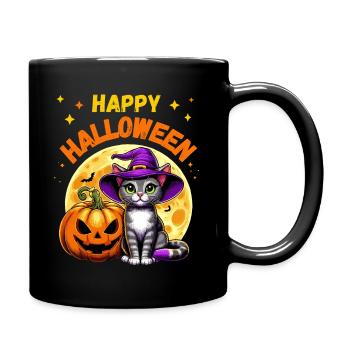 Cat with Witch Hat and Pumpkin Celebrates Halloween - Full Colour Mug - black - Right