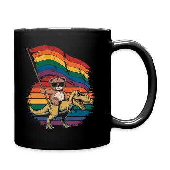 Teddy Bear Rides Dinosaur LGBTQ Rainbow Banner - Full Colour Mug - black - Right