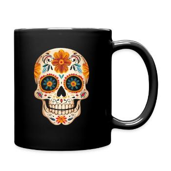 Tag der Toten Sugar Skull mit gelben Blumen - Tasse einfarbig - Schwarz - Rechts