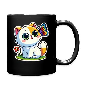 Cute Cat is surprised to see a butterfly - Full Colour Mug - black - Right