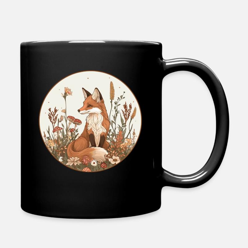 Cottagecore Fox with Flowers - Full Colour Mug - black