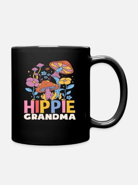 Hippie Oma Blumen und Pilze Retro - Tasse einfarbig - Schwarz