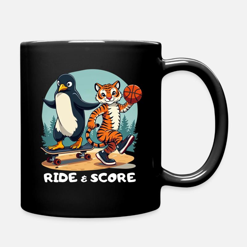 Penguin and Tiger RIDE And SCORE - Full Colour Mug - black