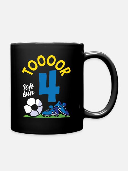 Tor Fußball Ich bin 4 Kindergeburtstag - Tasse einfarbig - Schwarz