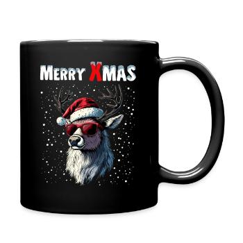 Rentier mit Weihnachtsmütze wünscht Merry Xmas - Tasse einfarbig - Schwarz - Rechts