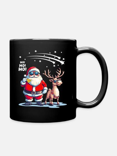 Cool Santa Claus with Reindeer Says Ho Ho Ho - Full Colour Mug - black