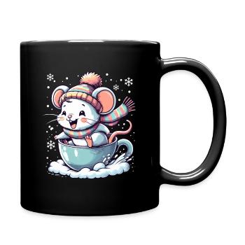 Niedliche Maus in Tasse fährt Schlitten auf Schnee - Tasse einfarbig - Schwarz - Rechts