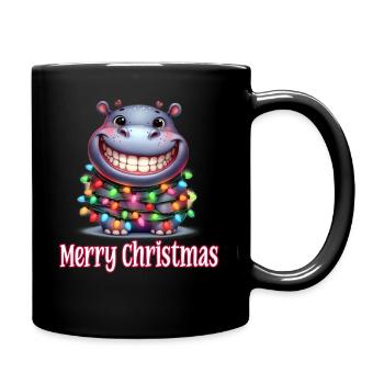 Hippopotame Hippopotame avec des guirlandes lumineuses Joyeux Noël - Mug uni - noir - Droite