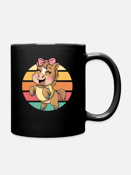 Mignon Dessin Animé Cheval Vintage Coucher de soleil - Mug uni - noir