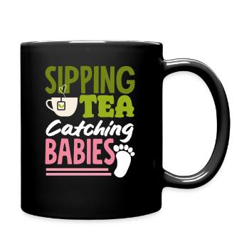 Midwife Sipping Tea Catching Babies - Full Colour Mug - black - Right