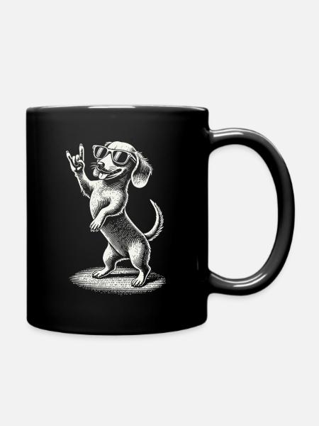 Funny Heavy Metal Dog Festival Retro Dachshund - Full Colour Mug - black