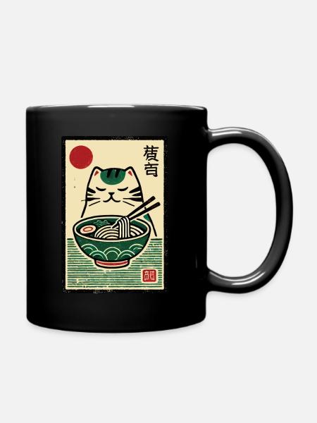 Kawaii Retro Katze Mit Ramen Nudeln Japan Ukiyo-E - Enfärgad mugg - svart