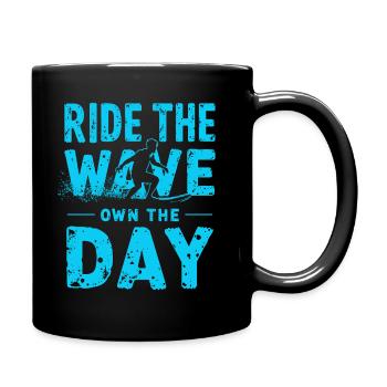 Surfer Ride the Wave – Own the Day Saying - Full Colour Mug - black - Right