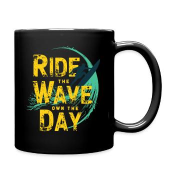 Surfer Ride the Wave – Own the Day Saying - Full Colour Mug - black - Right