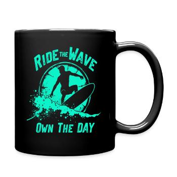 Surfer Ride the Wave – Own the Day Saying - Full Colour Mug - black - Right