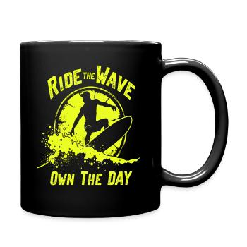 Surfer Ride the Wave – Own the Day Saying - Full Colour Mug - black - Right