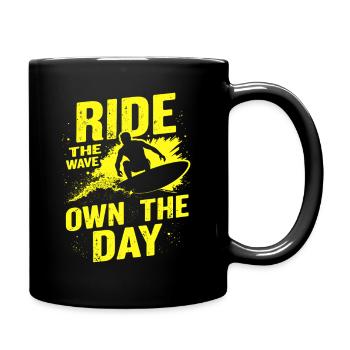 Surfer Ride the Wave – Own the Day Saying - Full Colour Mug - black - Right