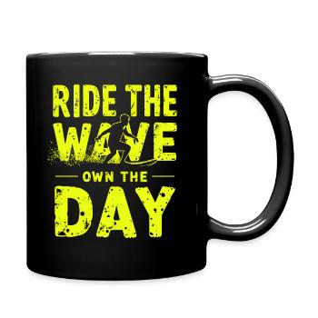 Surfer Ride the Wave – Own the Day Saying - Full Colour Mug - black - Right