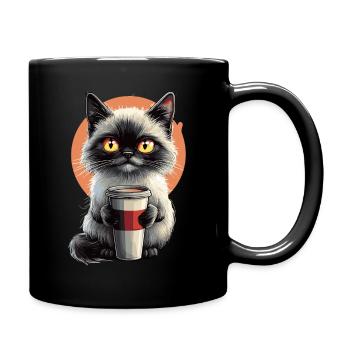 Fluffy cat with coffee mug and yellow eyes - Full Colour Mug - black - Right