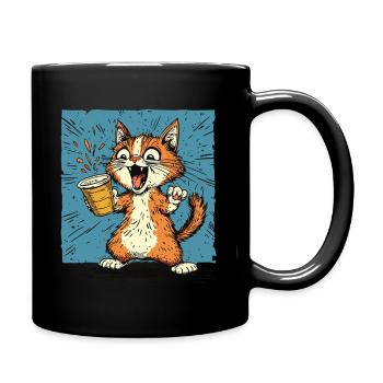 Aufgeregte Katze mit Kaffee im Comic-Stil - Tasse einfarbig - Schwarz - Rechts