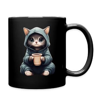 Mignon : Chat dans un sweat à capuche avec du café - Mug uni - noir - Droite