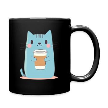 Chat bleu mignon avec du café - Style dessin animé - Mug uni - noir - Droite