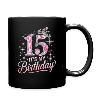 15th Birthday Crown Star Glitter Design - Full Colour Mug - black - Right