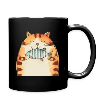 Fröhliche Katze Mit Fisch Umarmung - Tasse einfarbig - Schwarz - Rechts