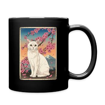 White Cat Mount Fuji Cherry Blossom - Full Colour Mug - black - Right