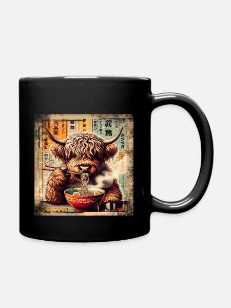Ramen Highland Cow Grunge Poster Style - Tasse einfarbig - Schwarz