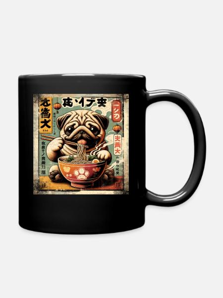 Ramen Pug Dog Grunge Poster Style - Full Colour Mug - black