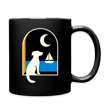 Dog gazing sailboat under the moon - Full Colour Mug - black - Right