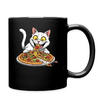 Drôle de chat mange goulûment de pizza - Mug uni - noir - Droite