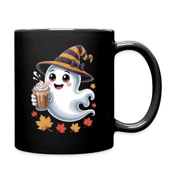 Süßes Halloween Geist Shirt mit Kaffee - Tasse einfarbig - Schwarz - Rechts