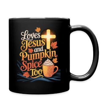 Liebt Jesus und Pumpkin Spice – Herbstshirt - Tasse einfarbig - Schwarz - Rechts