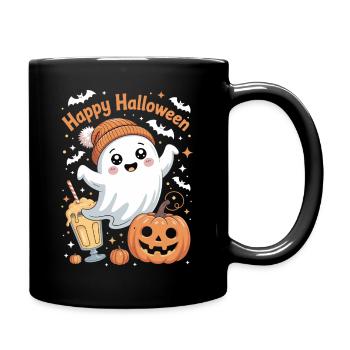 Süßer Halloween-Geist mit Mütze und Kaffee - Tasse einfarbig - Schwarz - Rechts