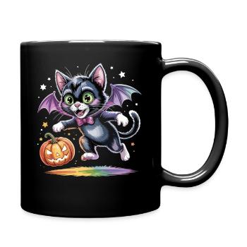 Fledermaus-Katze mit Kürbis - Tasse einfarbig - Schwarz - Rechts