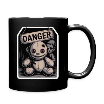 Unheimliche Puppe mit Gefahrenschild - Tasse einfarbig - Schwarz - Rechts