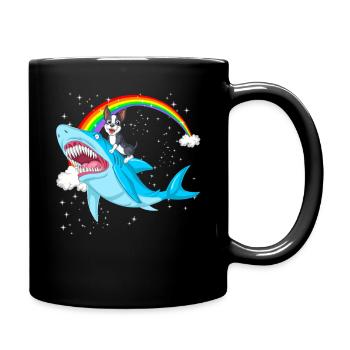 Cute Boston Terrier Riding Shark Under Rainbow - Full Colour Mug - black - Right