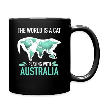 Weltkarte Katze spielt mit Australien - Tasse einfarbig - Schwarz - Rechts