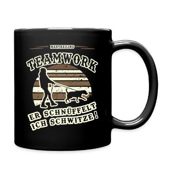 Mantrailing Teamwork Er schnüffelt Ich Schwitze - Tasse einfarbig - Schwarz - Rechts