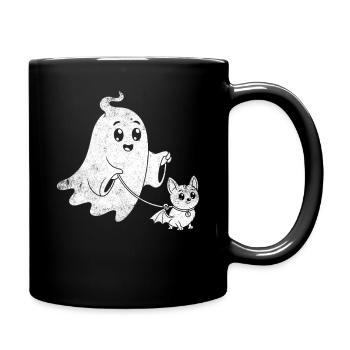 Ghost with Halloween bat dog - Full Colour Mug - black - Right