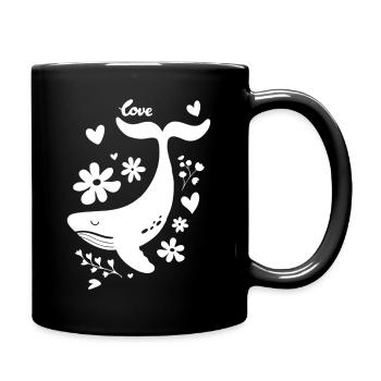 Verspielter Wal mit Blumen und Herzmotiven - Tasse einfarbig - Schwarz - Rechts
