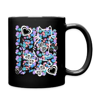 Blumige Katzen-Illustration mit Herzmotiven - Tasse einfarbig - Schwarz - Rechts